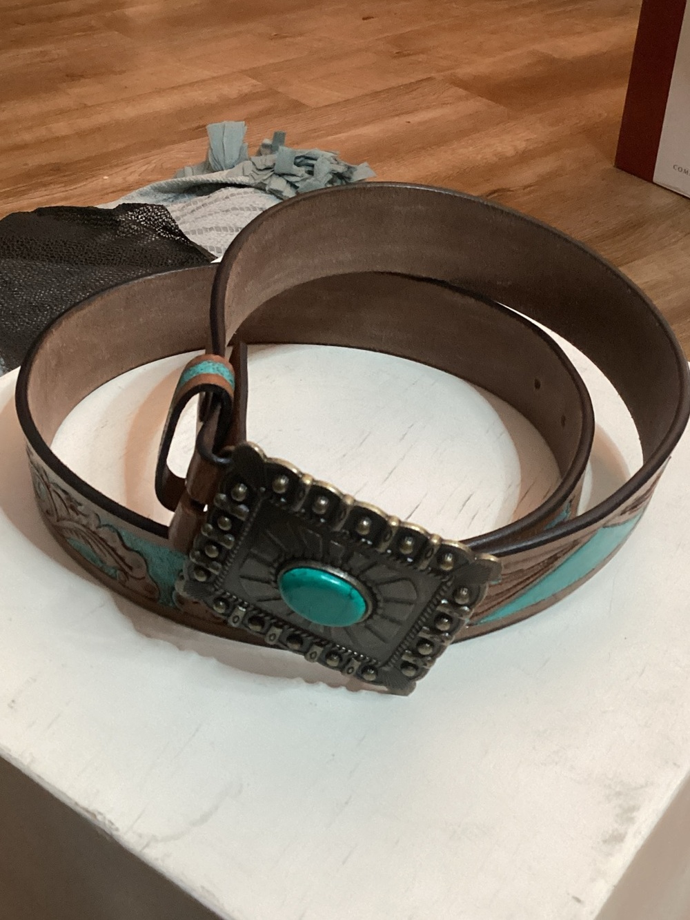 Turquoise Tooled Leather Belt with Decorative Buckle - size 36-38